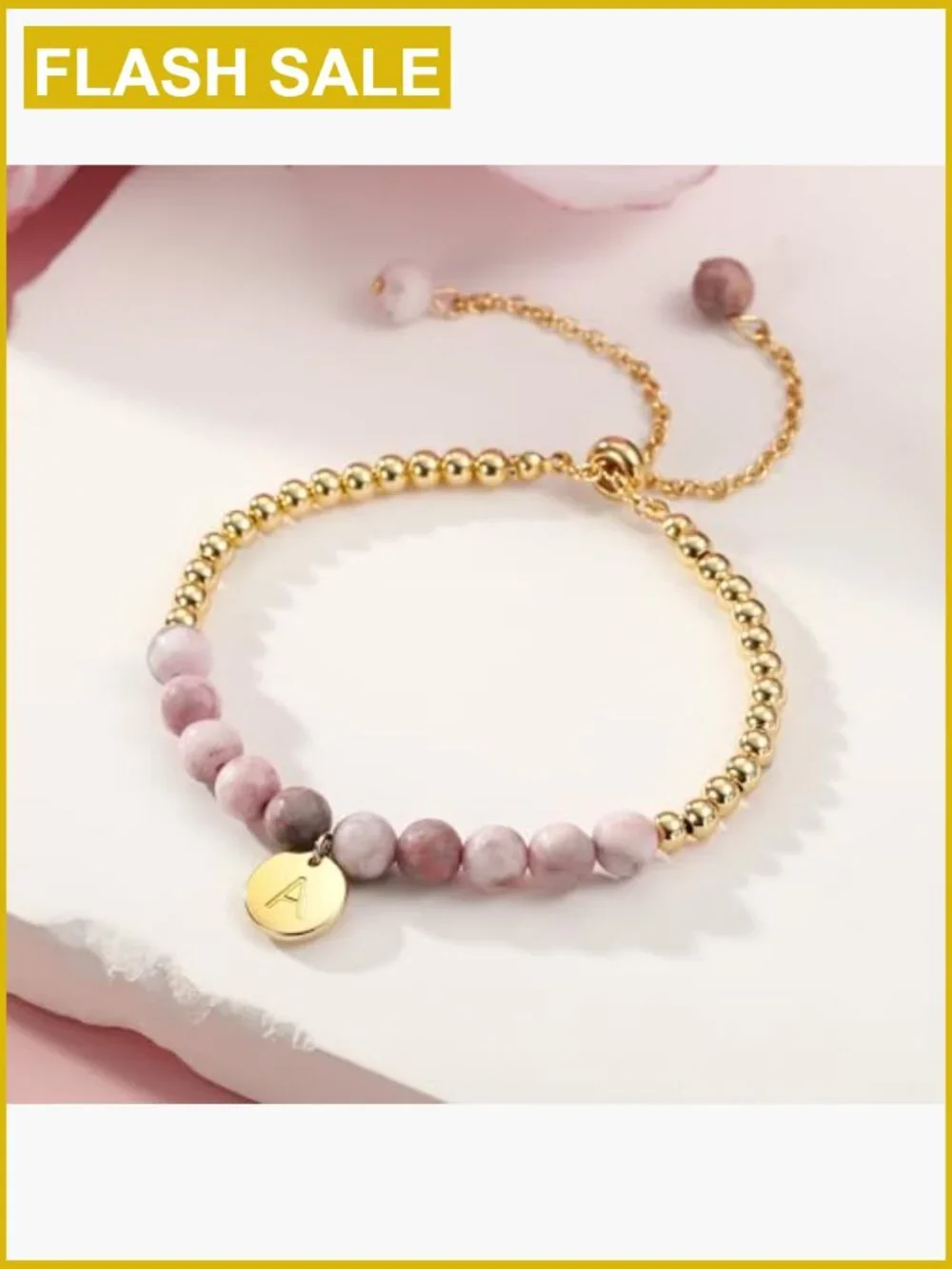 Adjustable Initial Bracelet with Pink Zebra Natural Stone Disc Heart Gold